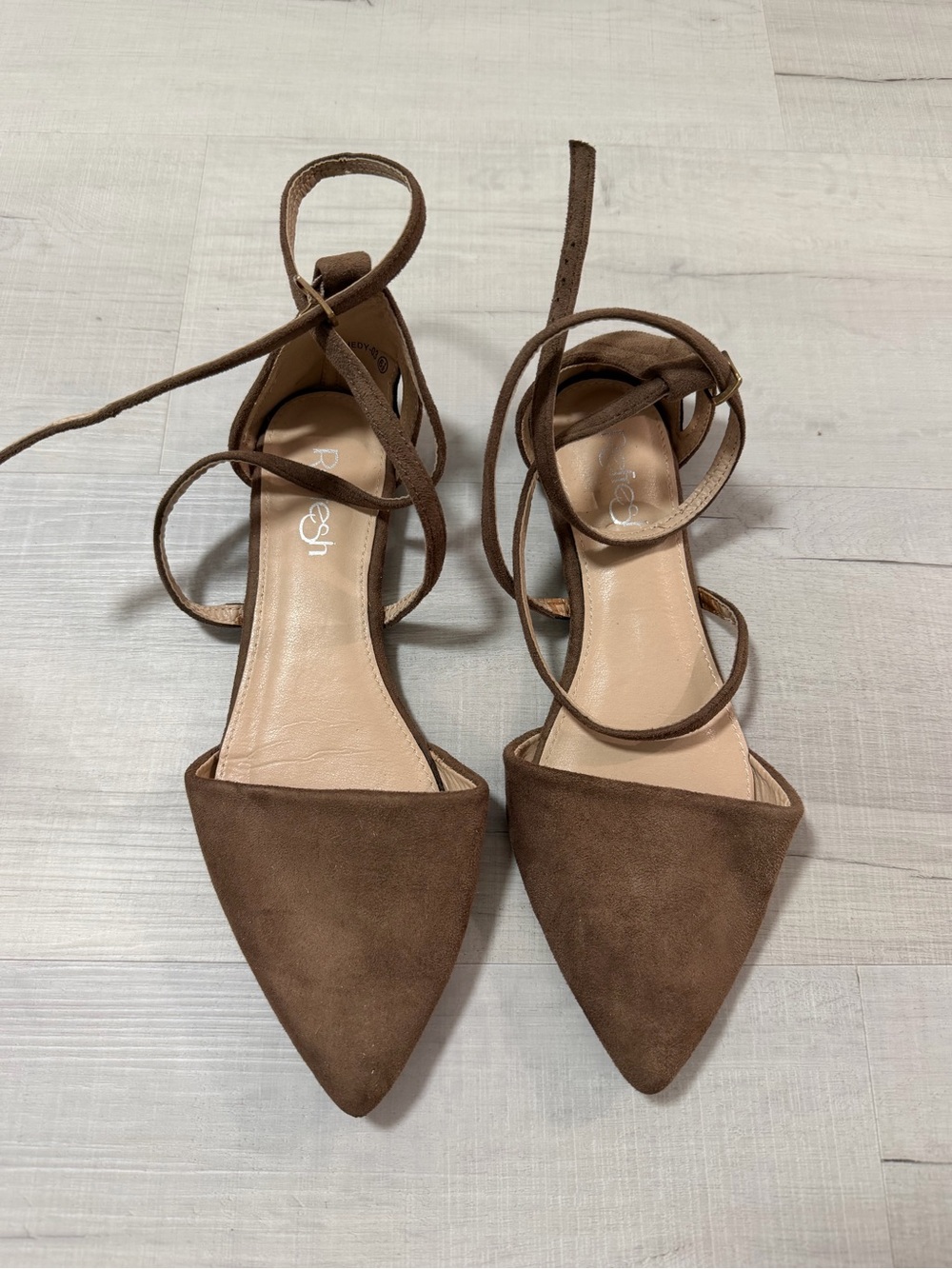 Brown Suede Pointed-Toe Ankle Wrap Flats Size 6.5